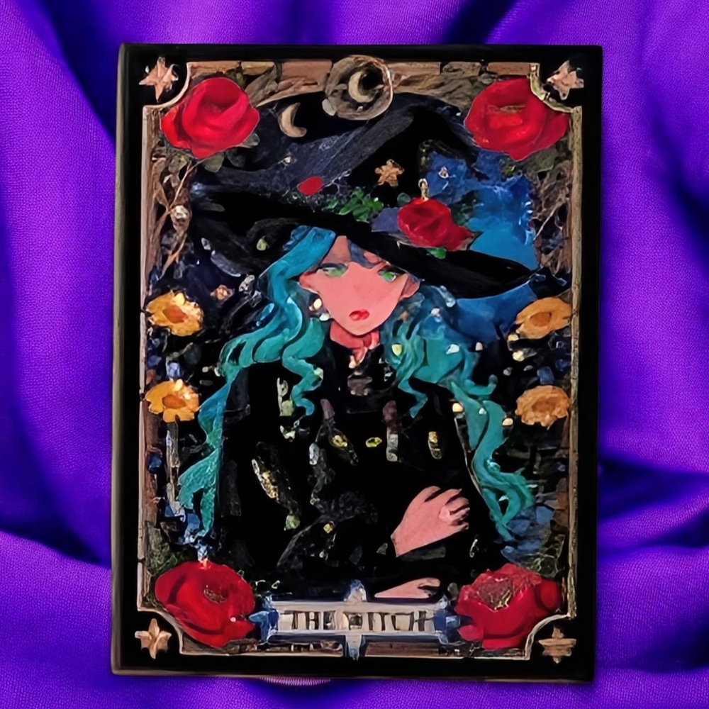 Witch With Black Cat & Roses Tarot Style Enamel Pin